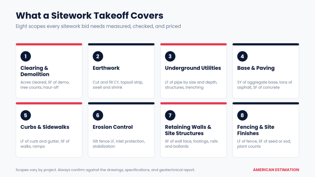 Infographic of eight sitework takeoff scopes: clearing and demolition, earthwork, underground utilities, base and paving, curbs and sidewalks, erosion control, retaining walls, and fencing and site finishes